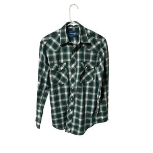Wrangler Western Shirt Men's Medium Green Plaid Pearl Snap Pocket Workwear‎